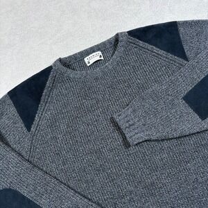 Vintage Brenire Scotland Men XL Merino Wool Ribbed Sweater Grey Blue Patch Elbow
